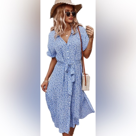 SOLY HUX Dresses & Skirts - SOLY HUX Summer Ditsy Floral Tie Front Midi Dress - Blue - size XXL - NWT